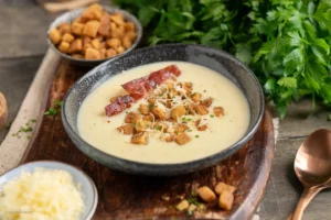 Käsesuppe mit Knoblauch-Croûtons und Speck